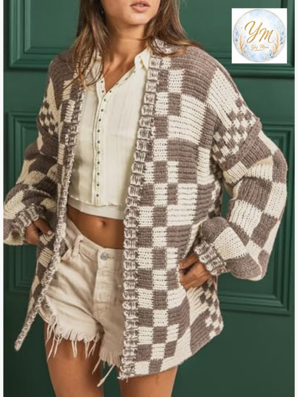 Vintage Open Front Chunky Knit Plaid Long Sleeve Cardigan - Picture 4 of 7